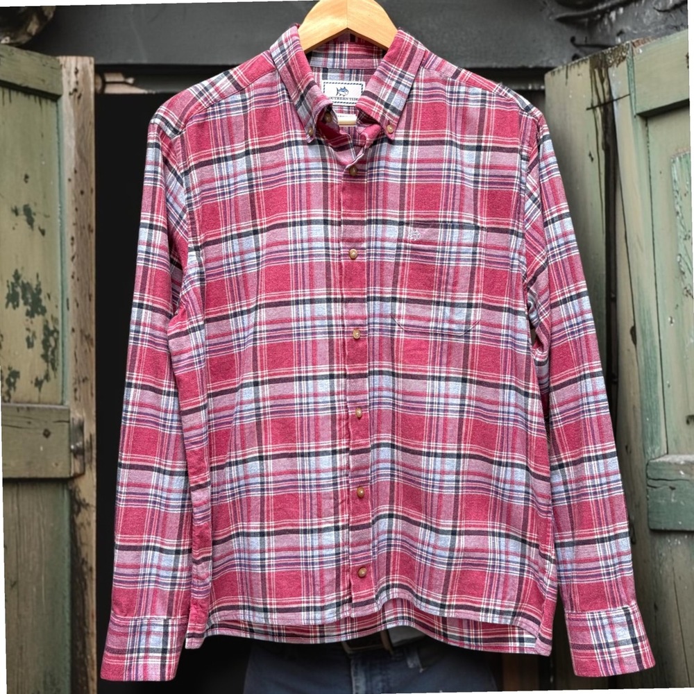 Southern Tide‎ Mens Classic Fit Plaid Button Down Shirt Red Blue Cotton Medium